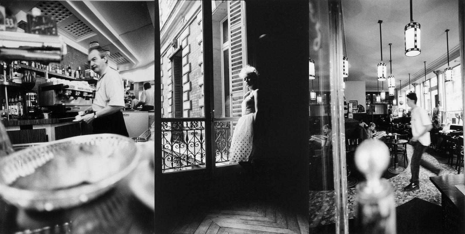 3 Photographies en noir et blanc, un garçon de café derrière le bar d'un bistrot parisien, une jeune femme en contrejour devant le fenêtre d'un appartement haussmannien, un serveur debout en mouvement dans un bistrot parisien