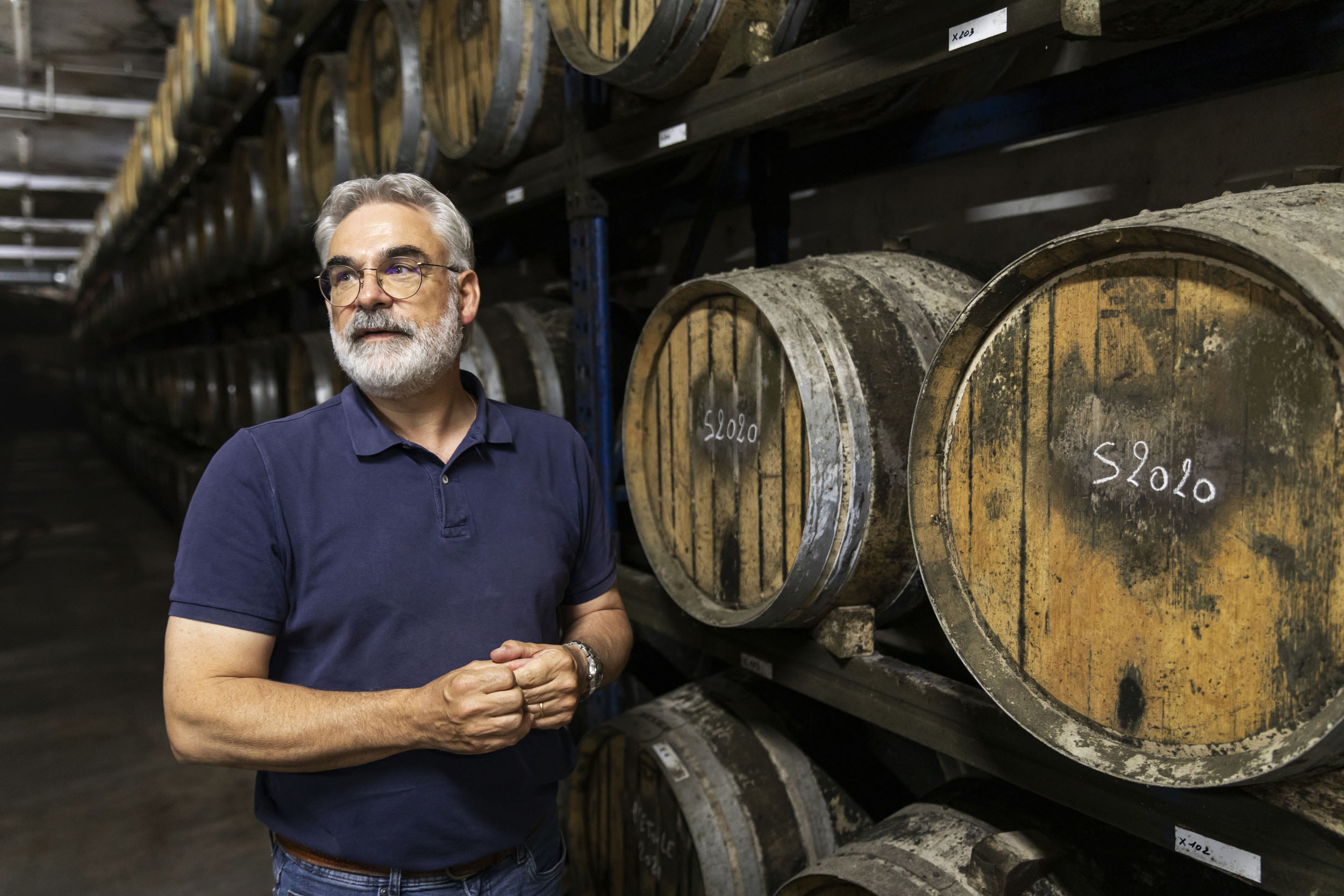 Portrait d'un vigneron portant un polo bleu marine devant des tonneaux dans les caves de la fruitière vinicole de Voiteur dans le Jura en France