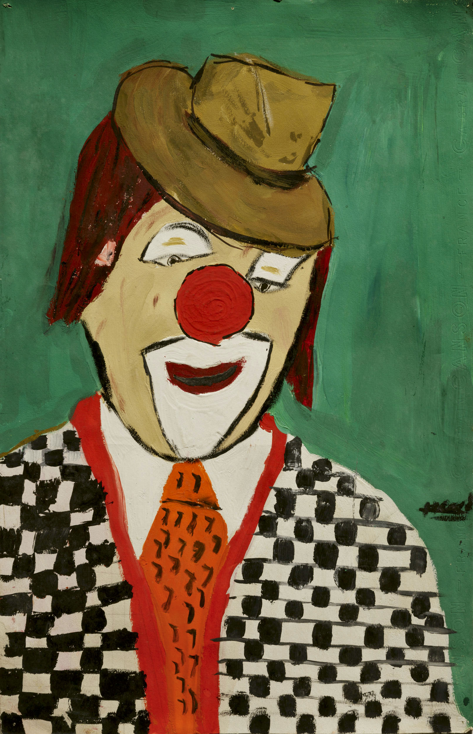 Peinture à la gouache représentant le portrait d'un clown portant un chapeau, une cravate et un nez rouge