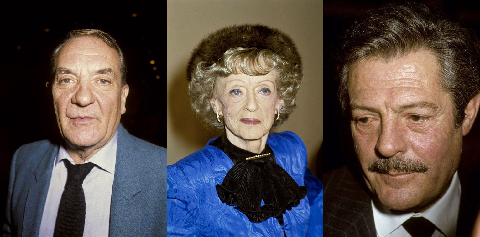 Portraits en couleurs de l'acteur Jean Carmet, l'actrice Bette Bavis et l'acteur Marcello Mastroianni