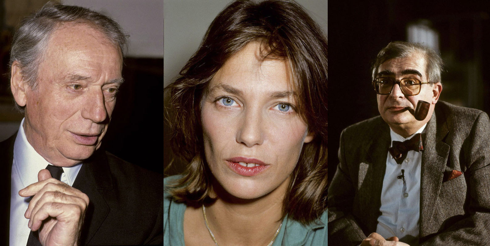 Portraits de l'actrice Jane Birkin de l'acteur Yves Montand et du metteur en scène Claude Chabrol avec sa pipe